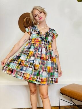 Kindom Size Small Kimberly Empire Colorful Patchwork Plaid Babydoll Dress